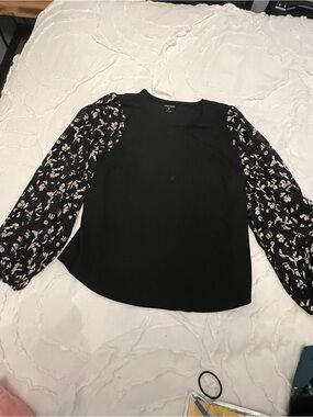 Nine West Black Blouse with Floral Sheer Sleeves